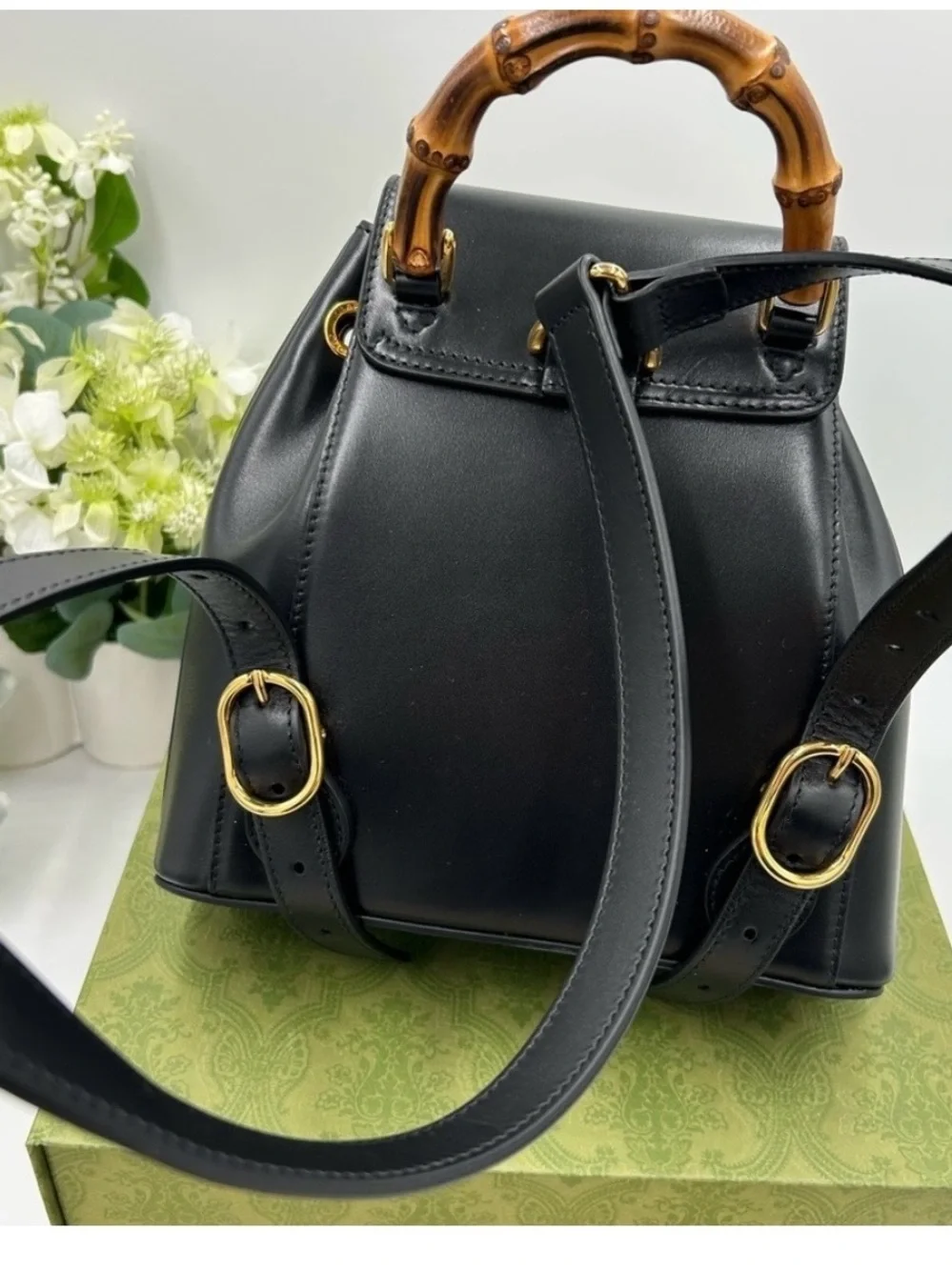 Gucci Black Leather Bamboo-Accent Drawstring Backpack